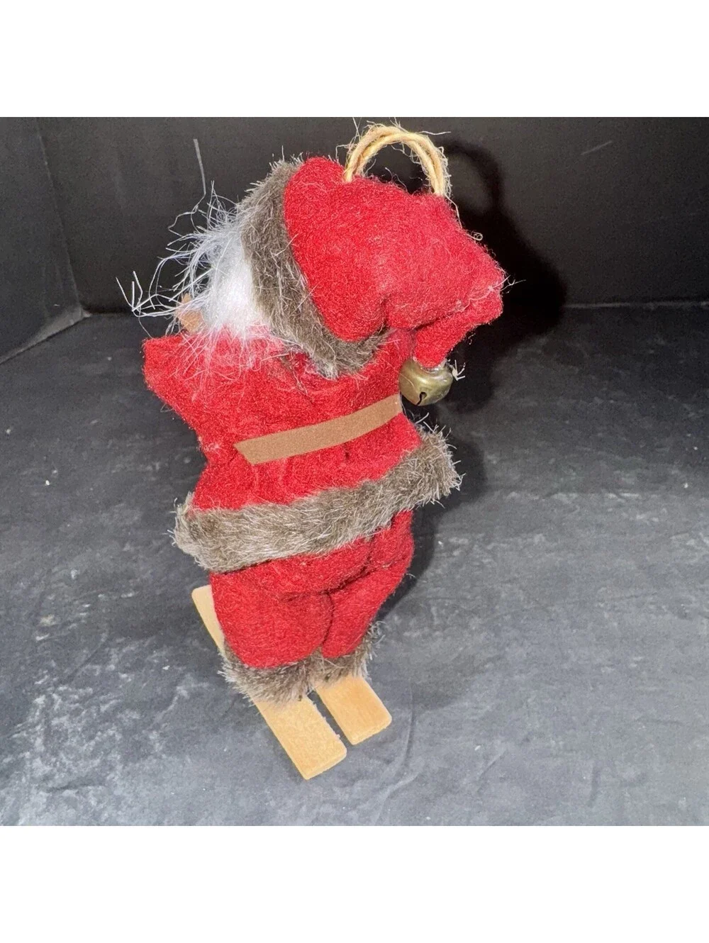 Vtg Santa Claus Skiing Figurine 7” Wooden Skis & Poles Faux Fur Trim Christmas